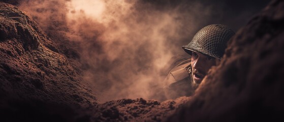 Obraz premium A soldier hiding in a trench while being attacked; a dramatic combat scene; smoke and flames; a theme of terror and survival; the history of war; a gritty cinematic appearance; and a message space