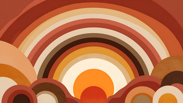 abstract landscape featuring a warm sun and layered rainbow arches in earthy tones