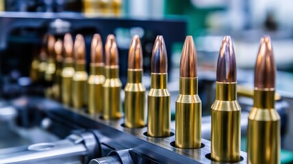 Obraz premium The machinery used in the production of gun bullets runs along a factory conveyor, charging projectile tips into casings with synchronized automation for ammo assembly.
