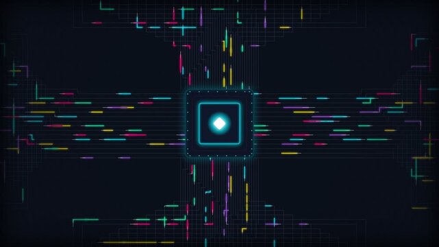 Futuristic Digital Circuit Board with Glowing CPU Processor and Colorful Data Stream Lines on Dark Background