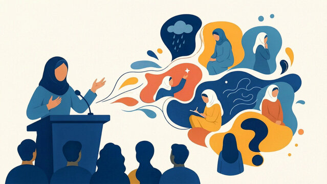 A speaker delivers repeated lines about stories, illness, hesitation, desire, thoughts, pain, and questions, describing actions, reactions, and dialogue elements in a continuous mixed narrative.