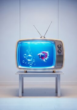 A surrealist glowing fish tank inside a retro television, featuring ethereal rising bubbles and minimalist decor within a bright clean room, design, whimsical, room