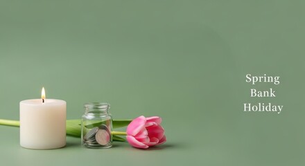 Fototapeta premium Spring Bank Holiday greeting card, pink tulip flower with lit candle and coins in glass jar, seasonal financial savings concept on green background