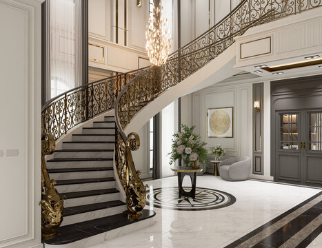 Luxurious Grand Foyer with Curved Staircase and Chandelier