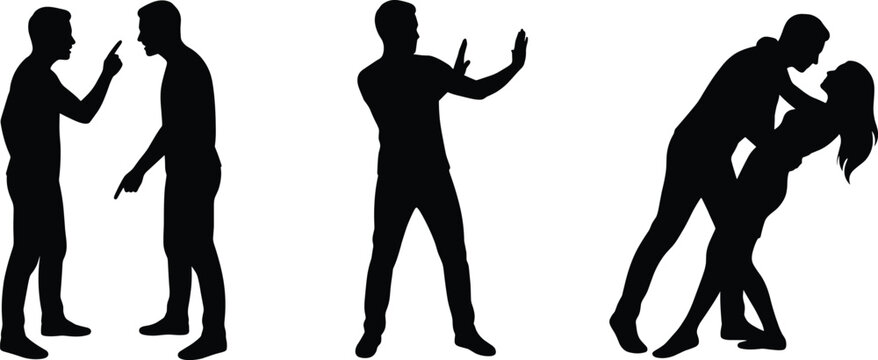 Silhouettes of people in various social interactions depicting a heated argument, a defensive man setting boundaries, and a romantic couple dancing together