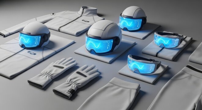 Clean composition of white technical garments and glowing blue holographic visors arranged against a neutral gray and minimalist background, visor, uniform, augmented