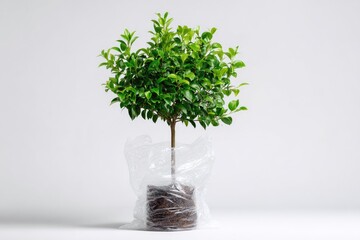Fototapeta premium Small, leafy green tree in plastic bag, roots visible, on a white backdrop