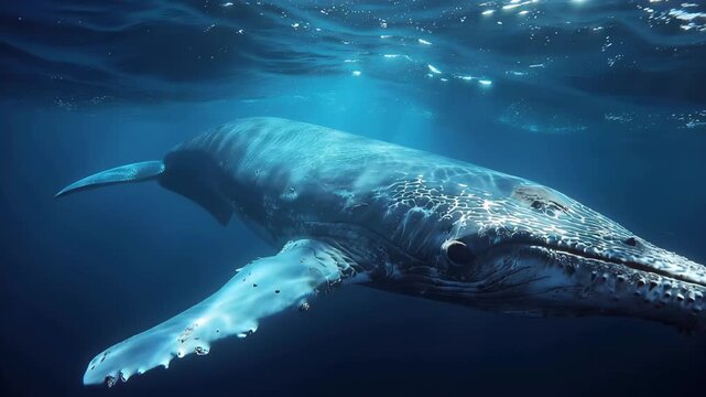 Underwater view of a humpback whale swimming in deep blue water near a coral reef during the afternoon light