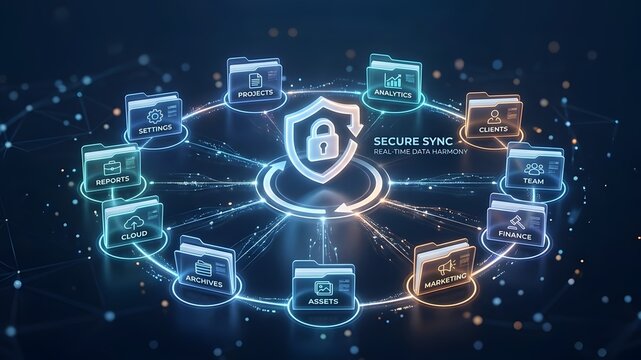 Digital 3D visualization of a secure data sync interface with a central padlock shield and circular folders for cloud storage, finance, marketing, analytics, and business projects.