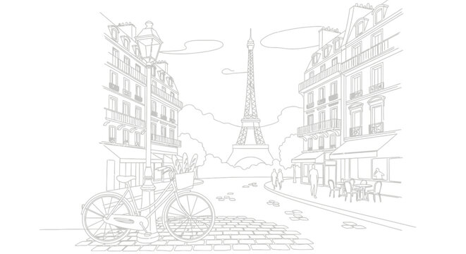 Eiffel Tower Paris street scene sketch with bicycle and buildings