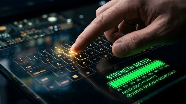 Human hand typing a secure password on a futuristic transparent holographic keyboard with a green strength meter showing one hundred percent secure and extremely secure status.