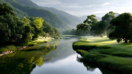 Fototapeta premium Serene Summer Landscape with River and Lush Green Forests