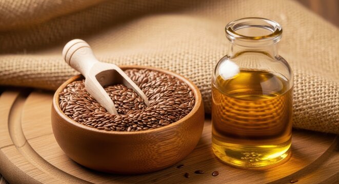 Flax seeds in a wooden bowl with a scoop and a glass bottle of linseed oil on a rustic burlap background