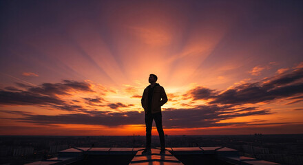 Obraz premium Man silhouetted on rooftop at sunset, dramatic sky with sun rays, panoramic city view, overlooking urban landscape, contemplative pose, end of day.