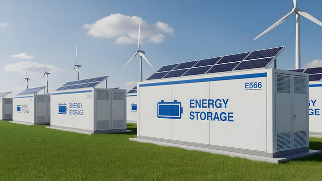 Renewable energy storage containers with solar panels and wind turbines on a green field