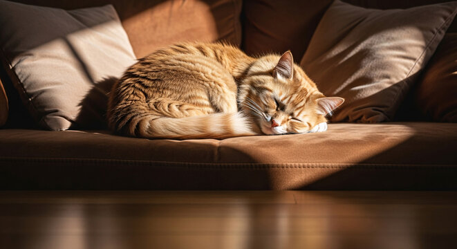 Ginger cat sleeping peacefully on brown sofa bathed in warm sunlight dappled shadows cozy nap domestic pet relaxation comfort home pet friendly.