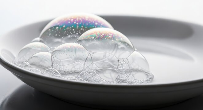 Glistening soap bubbles rest on a smooth white ceramic surface, reflecting soft light with iridescent textures and clear liquid droplets, background, bubbles, white