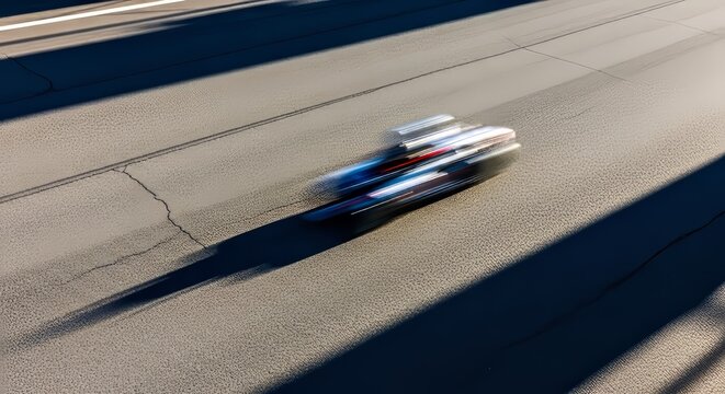 High angle view captures fast movement across a textured asphalt track, showcasing dramatic shadows and dynamic motion blur in a race, dramatic, drive, performance
