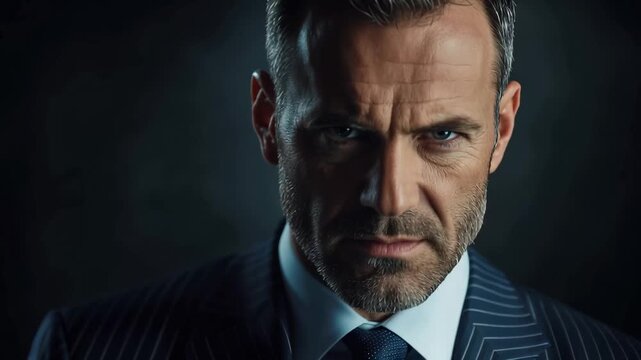 Confident man in a suit looking directly at the camera in a dimly lit setting during an evening or nighttime event