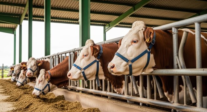 Cows with halters eating feed in a modern dairy farm barn