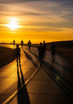 High angle view of active silhouettes running on a park path during a warm golden sunset, casting long dramatic shadows on the pavement, top down, energetic, overhead