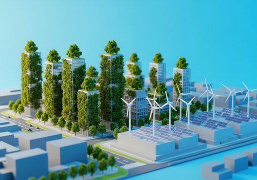 High-tech scale model of a sustainable urban layout showcasing vertical forests, small wind turbines, and integrated solar energy systems, urban, eco-friendly, prototype