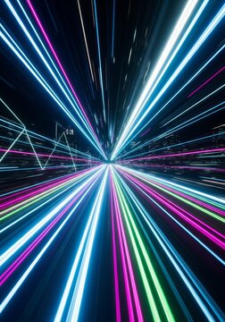 High-speed streaks of vibrant neon light cut through a dark futuristic city at night during a fast chase scene with intense motion blur, futuristic, nocturnal, highway