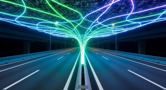 Interconnected digital networks glow above a modern highway at night, showcasing advanced transportation and smart energy control grid, architecture, communication, bridge