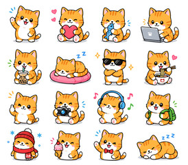 Fototapeta premium Cute Orange Cat Doodle Icon Set – Kawaii Tabby Cat Cartoon Sticker Collection