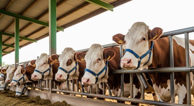 Cows in a modern dairy farm barn eating hay from a feeder, closeup of cattle with blue halters standing in a row inside a stable