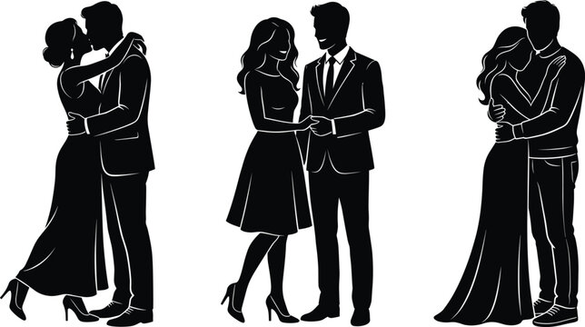Romantic Silhouette Illustration Collection of Elegant Couples Embracing Kissing and Holding Hands for Wedding Invitations Love Concepts and Anniversary Greeting Designs