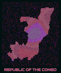Obraz premium Republic of the Congo digital style hexagon map. Vibrant magenta purple pink neon dotted shape. Country tiny bright hexagon cells. Republic of the Congo honeycomb map design.