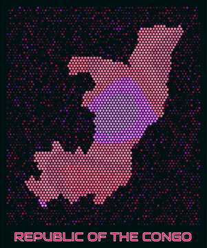 Republic of the Congo digital style hexagon map. Vibrant magenta purple pink neon dotted shape. Country tiny bright hexagon cells. Republic of the Congo honeycomb map design.