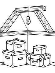 Storage Space Illustration: A monochrome illustration of a compact storage space with stacked boxes and a hanging lightbulb, suggesting a scene of old belongings and hidden treasures. © CrazyJuke