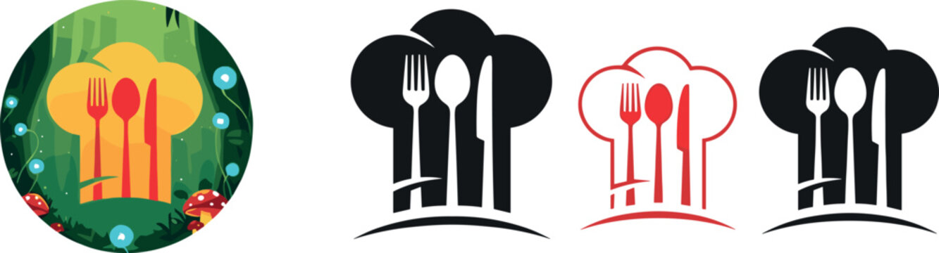 Chef hat logo vector set with kitchen utensils, restaurant branding icons, culinary symbols, and modern cooking illustration design collection