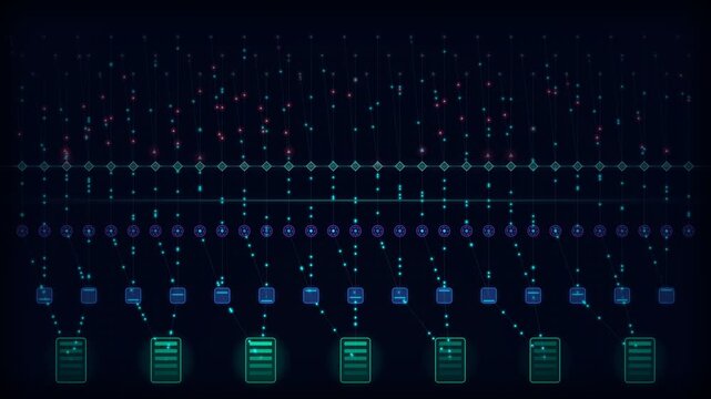 Abstract digital data network visualization with glowing interconnected nodes and information flow structure for advanced technology background