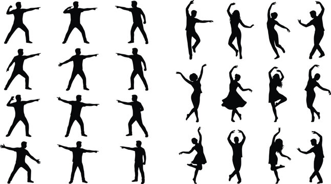 Set of detailed black human silhouettes showcasing active people pointing directions and expressive graceful dancers isolated on a white background