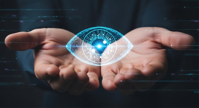 Two hands cup a glowing blue holographic eye icon composed of digital particles and light rays against a dark background with data streaks.