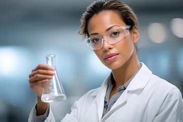Fototapeta premium Professional Female Scientist in Safety Glasses Holding Flask in Laboratory