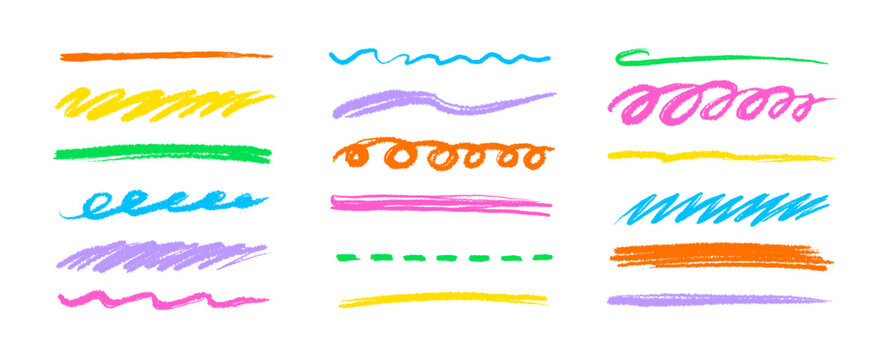 Line color brush crayon set. Underline brush crayon hand drawn pencil pen stroke marker color..Kid children doodle scribble wavy squiggle highlight texture grunge background. Vector illustration.