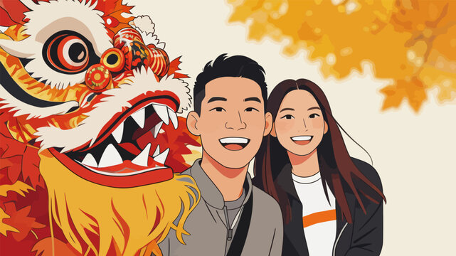 Happy Young Couple Posing with Chinese Lion Dance Performance