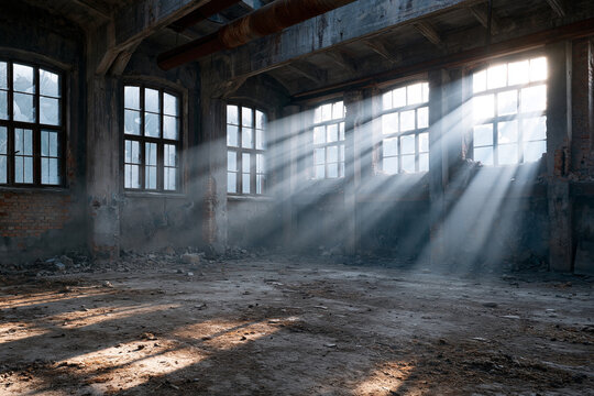 Sunlight pierces dust-filled air through broken windows. Concrete walls show signs of decay and neglect. Light beams slice across the floor, casting dramatic shadows