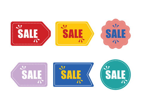 Set of Colorful Sale Labels and Discount Tags. Flat vector style promotional badges isolated on white, ideal for shopping banners, retail marketing, price stickers, flyers, posters, and e-commerce.