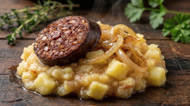 Fried Blutwurst with Himmel un Aad Mash on Rustic Wooden Table