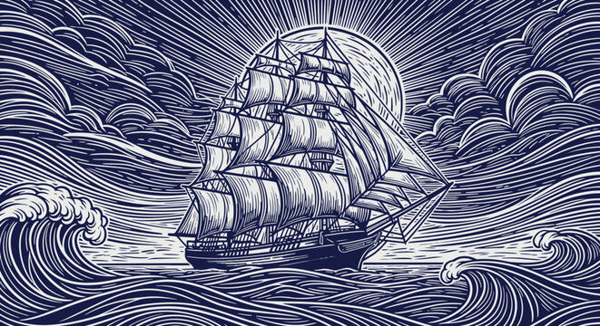 Dramatic tall ship sailing on rough ocean waves with a radiant sunburst. Vintage woodcut style illustration of an old sailboat adventure.