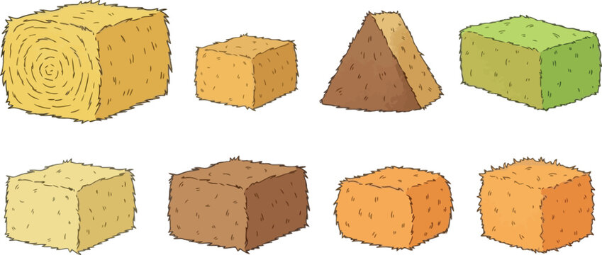 Hay Bales in Different Shapes and Colors for Farm and Agricultural Illustrations