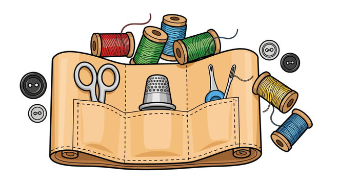 Sewing kit with threads, scissors, thimble, needles, and buttons
