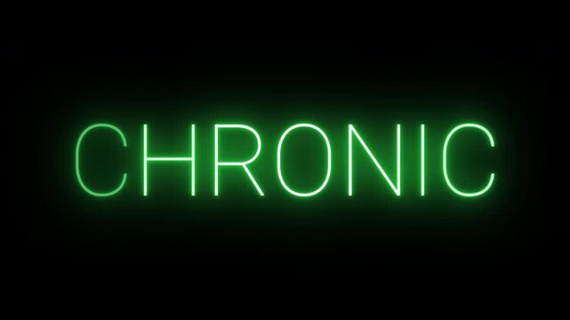 Flickering neon green glowing chronic sign animated black background.