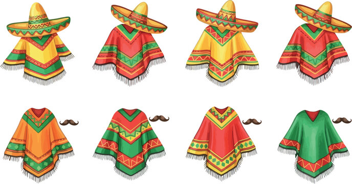Mexican Poncho and Sombrero Set with Moustaches for Cultural and Festive Designs