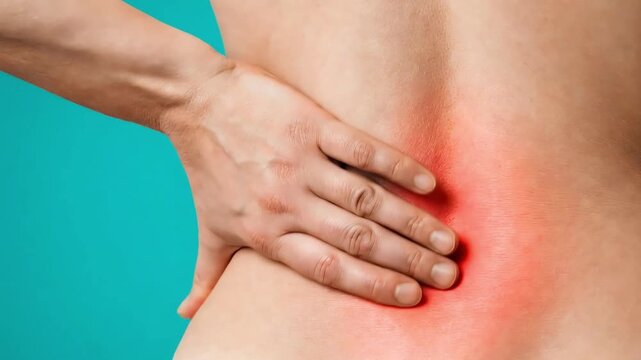 A person rubbing red highlighted pain spot on spinal cord backbone seeking relief and treatment support, Generative AI for medical illustrations
